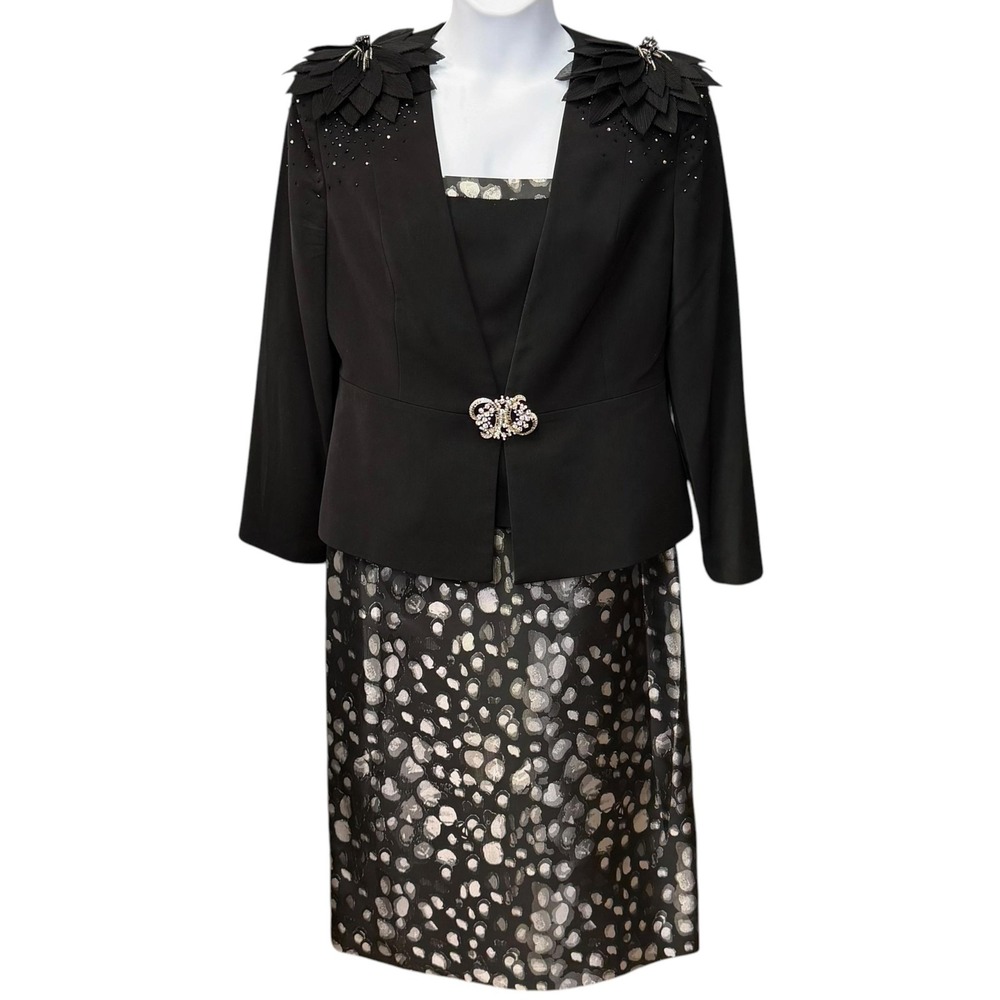 Elite Champagne Skirt Suit Womens 12 Black Beaded Jacket 3 Piece Rhinestone